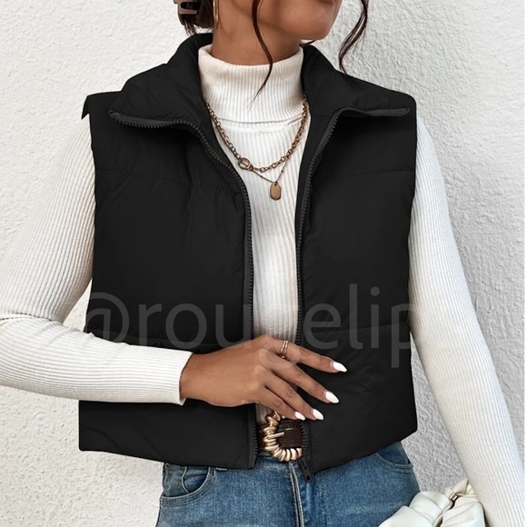 Cropped Black Puffer Vest Zip Up - Picture 1 of 7